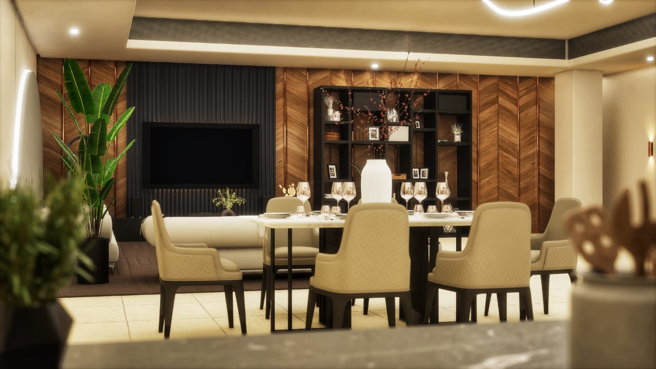 Luxury villa living room visualization with warm light