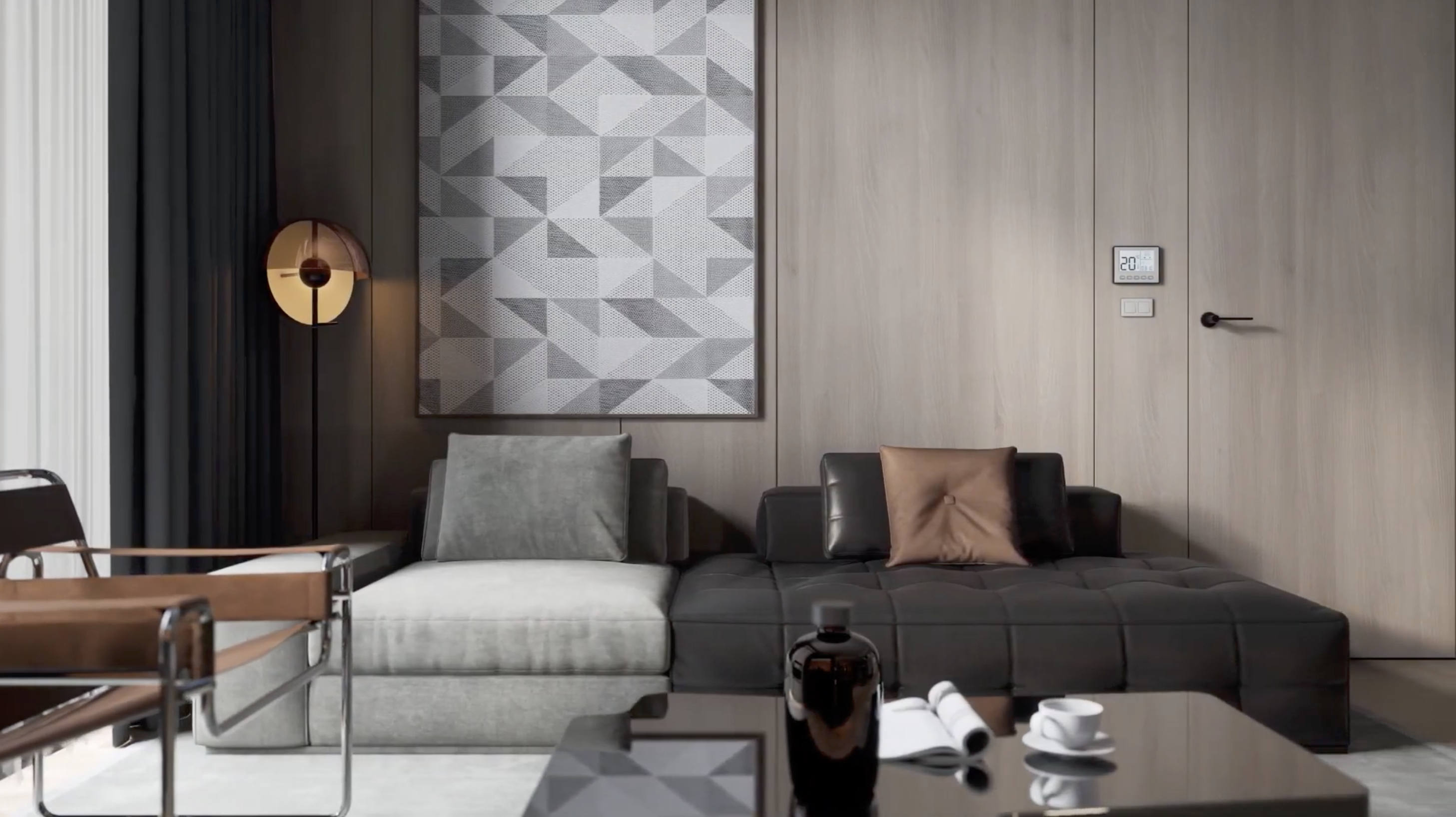 Minimal luxury apartment interior with sculptural furniture